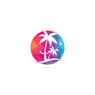 Plaj gezisi logosu tasarımı. Seyahat logosu şablonu. Okyanus dalgası logo şablonlu Palmiye Ağacı.