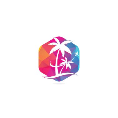 Plaj gezisi logosu tasarımı. Seyahat logosu şablonu. Okyanus dalgası logo şablonlu Palmiye Ağacı.