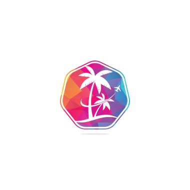 Plaj gezisi logosu tasarımı. Seyahat logosu şablonu. Okyanus dalgası logo şablonlu Palmiye Ağacı.
