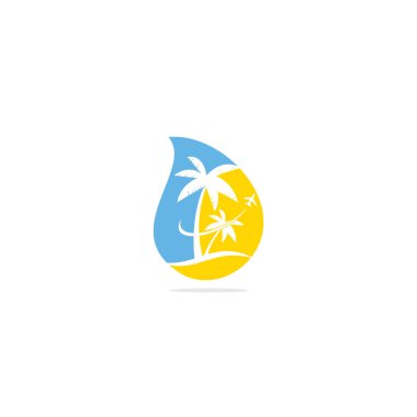 Plaj seyahati konsept logo tasarımı. Seyahat logosu şablonu. Okyanus dalgası logo şablonlu Palmiye Ağacı.