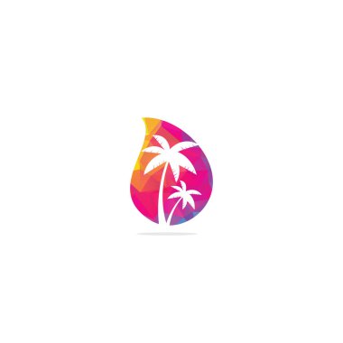 Tropik plaj ve palmiye ağacı logosu tasarımı. Palmiye ağacı damlası konsept vektör logosu tasarımı. Plaj logosu
