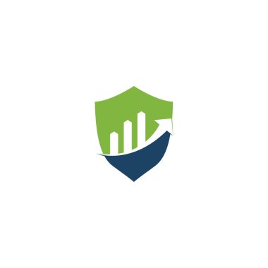 Business Finance Shield şekilli logo şablon ikon tasarımı. Finans logosu. Ekonomi finans grafiği bar işletme verimlilik logosu simgesi.