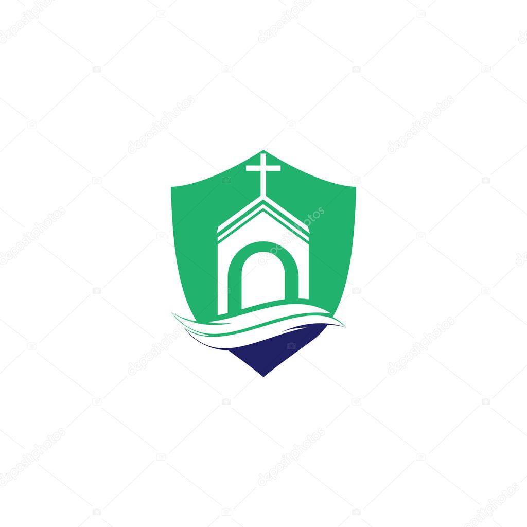 Church building shield shape concept logo design. Template logo for churches and Christian. Cross church building logo.