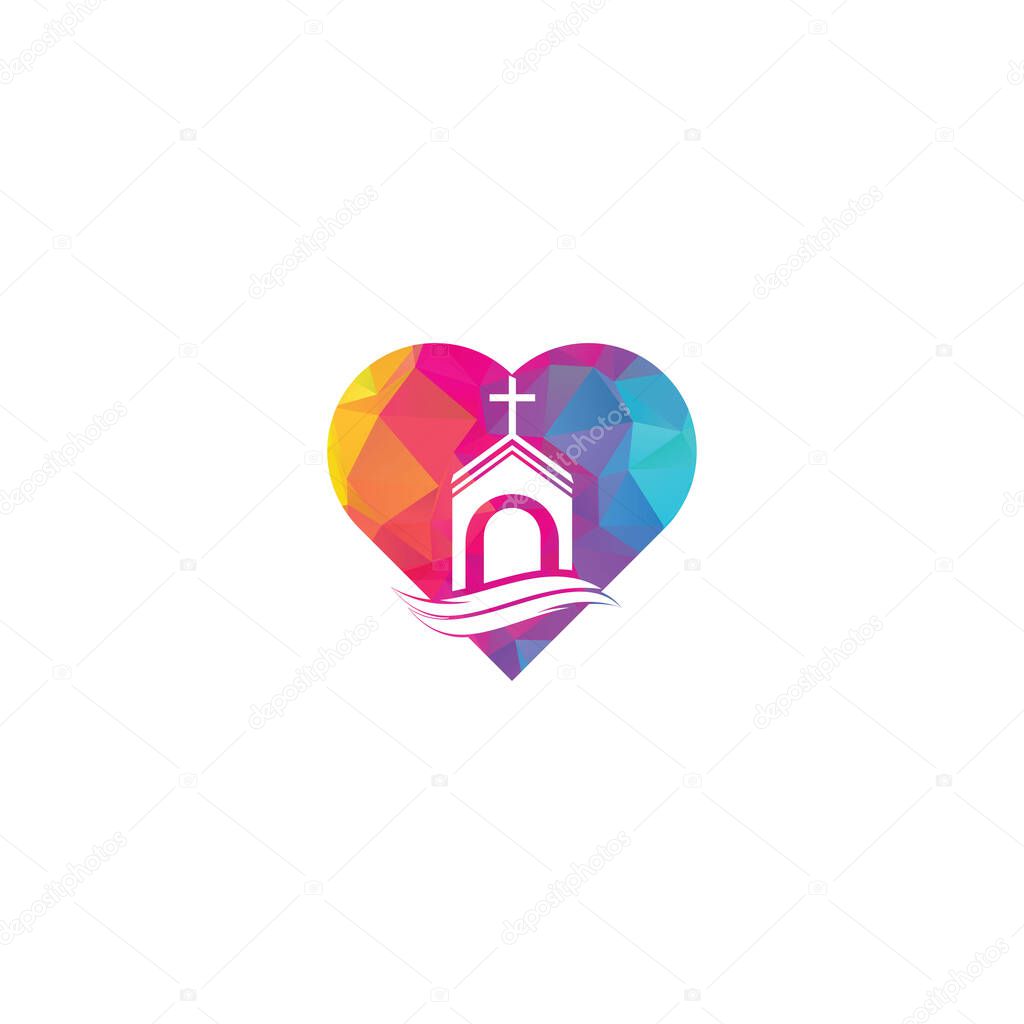 Church building heart shape concept logo design. Template logo for churches and Christian. Cross church building logo.