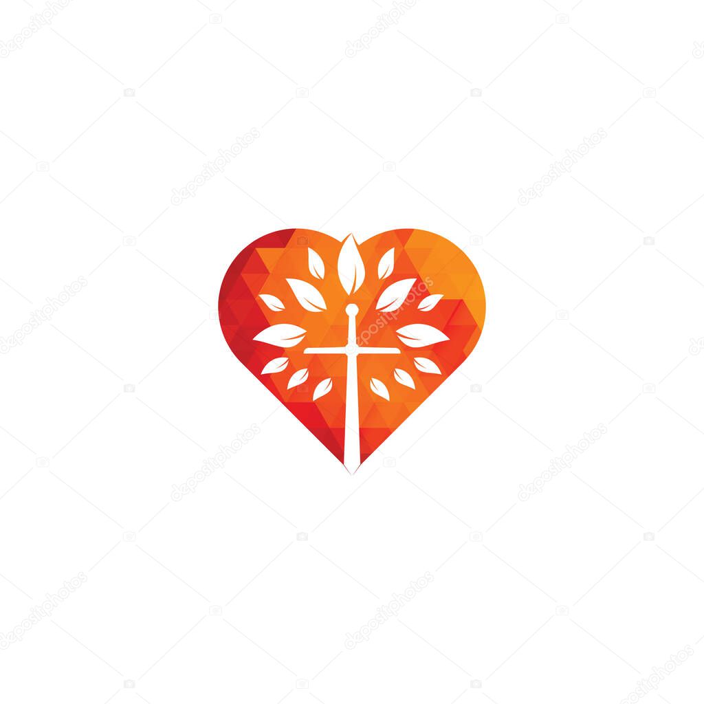 Church heart shape concept logo. Christian church cross praying tree logo. Christian Sword Church Cross logo design