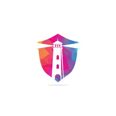 Deniz feneri kalkanı şekilli konsept vektör logosu tasarımı. Deniz feneri simgesi logo tasarım vektör şablonu çizimi.