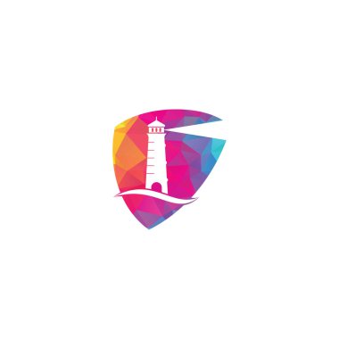 Deniz feneri kalkanı şekilli konsept vektör logosu tasarımı. Dalgalar Deniz feneri simgesi logo tasarım vektör şablonu çizimi.