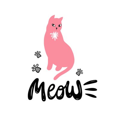 Illustration with cute cat in cartoon style. The inscription `meow`.