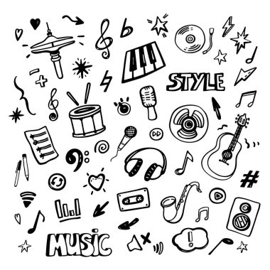 Müzik karalaması. El çizimi müzik ikonları. Müzik tema vektörü seti.