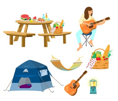 Vector picnic set.Picnic table, plates with food, picnic basket, woman playing guitar, hammock, drinks,lantern tent vector Vector picnic set.Picnic table, plates with food, picnic basket, woman playing guitar, hammock, drinks,lantern tent vector