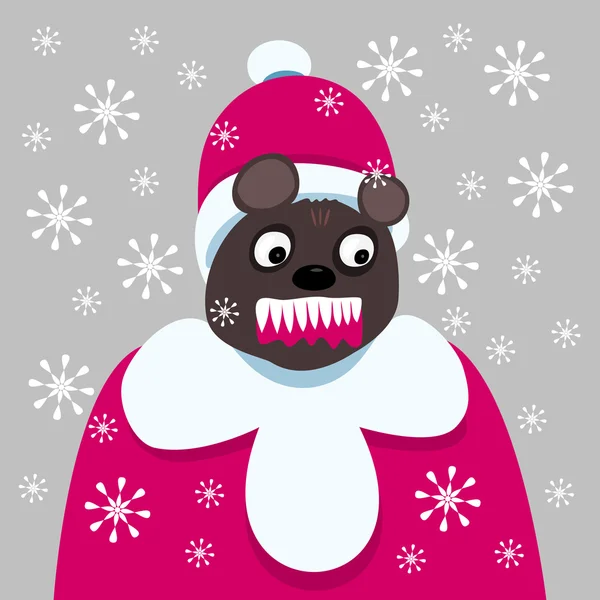 Αιμοδιψή σκούρο καφέ αρκούδα ντυμένος με ένα παλτό και καπέλο του Santa — Διανυσματικό Αρχείο