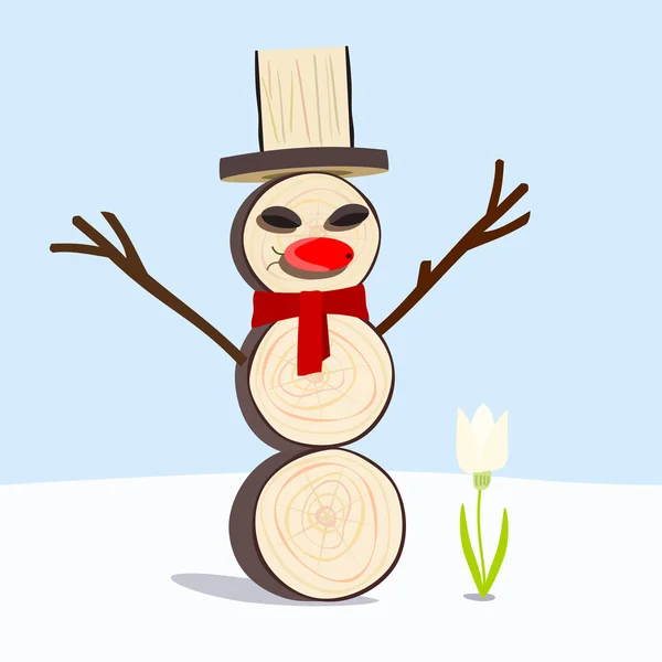 Muñeco de nieve de madera se alegra en la primera flor de copo de nieve . — Vector de stock