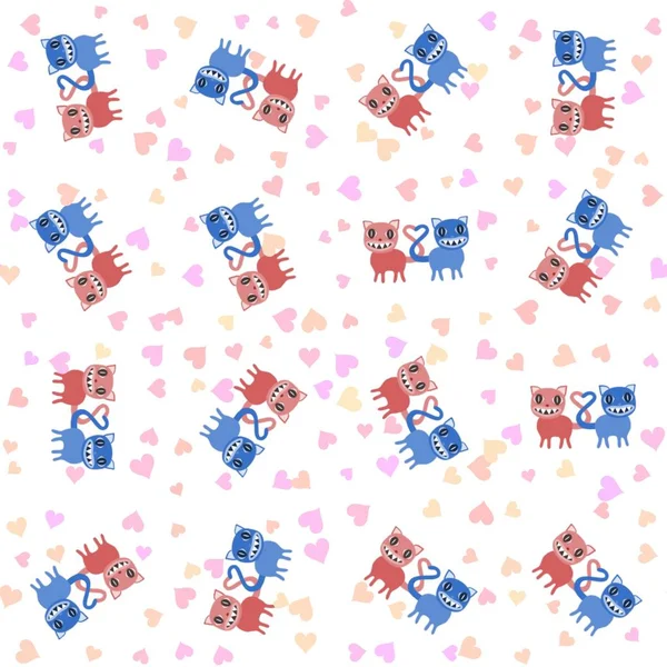 Seamless cute animal pattern with pink blue cats in love and hearts - digitally rendered design with using simple drawing illustration