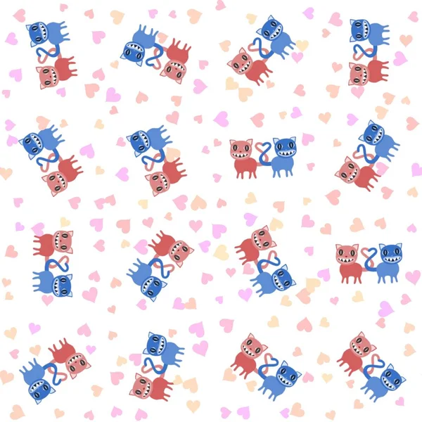 Seamless cute animal pattern with pink blue cats in love and hearts - digitally rendered design with using simple drawing illustration — Stock Photo, Image