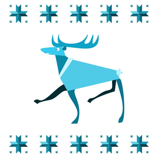 Stilize Ren geyiği veya elk desen beyaz izole kar taneleri - mavi nordic motifi — Stok Vektör