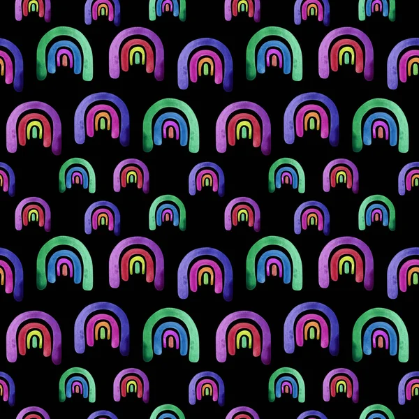 Watercolor seamless patten with rainbows in neon colors on a black background. Abstract background with bright rainbows in a childish style.Design for fabrics, wallpaper and wrapping paper.