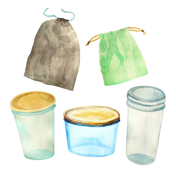 Ensemble Aquarelle Avec Des Articles Rangement Des Aliments Isolés Sur — Photo