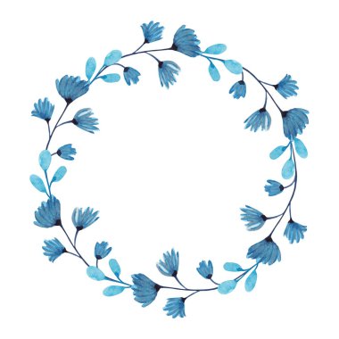 Mavi çiçeklerin suluboya çelengi. Basit narin çiçek demeti. Kayıt için uygun bir yer. Düğün baskısı ve bahar kartları için uygun..