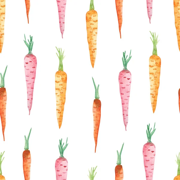 Watercolor seamless pattern with different carrots on a white background. A simple garden print with carrots of different types. Background for cookbooks and wallpapers, kitchen textiles, scrapbooking.