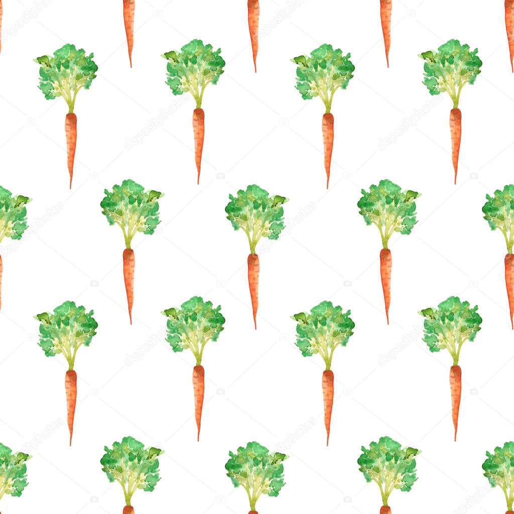Watercolor seamless pattern carrots with herbs on a white background. Cute easter print with carrot. Background for cards, cookbooks and wallpapers, kitchen textiles.