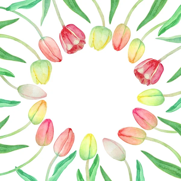 Struttura Acquerello Tulipani Con Centro Rotondo Scrittura Biglietto Floreale Primavera — Foto Stock