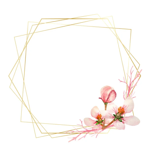 Polygonální Zlatý Rám Jemnými Třešňovými Květy Izolované Bílém Pozadí Moderní — Stock fotografie