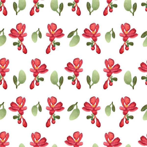Patrón Sin Costuras Acuarela Con Flores Cerezo Rojo Sobre Fondo —  Fotos de Stock