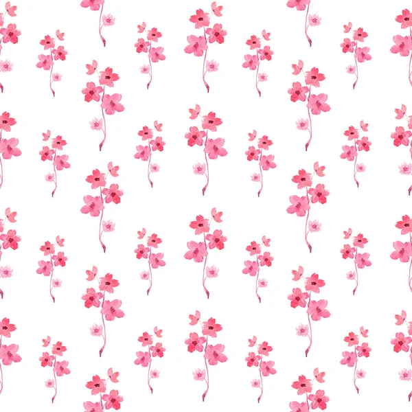 Akvarell Zökkenőmentes Minta Rózsaszín Sakura Sprigs Fehér Háttérrel Kényes Tavaszi — Stock Fotó