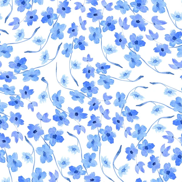 Akvarell Zökkenőmentes Minta Kék Sakura Sprigs Fehér Háttér Friss Keleti — Stock Fotó