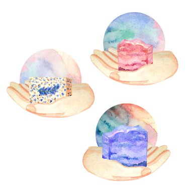 Beyaz arka planda sabunlu suluboya seti. El hijyeni sanatı. Alışılmadık bir el yapımı sabun..