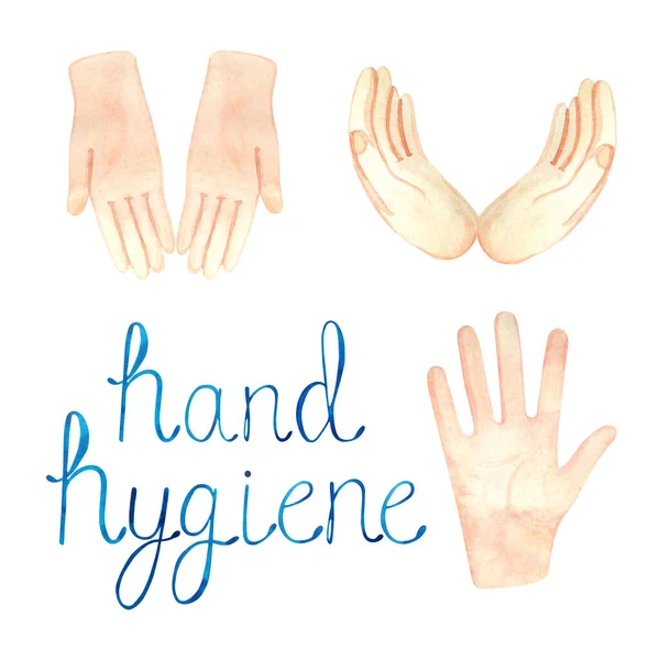 Aquarel Set Met Handen Inscriptie Handhygiëne Een Witte Achtergrond Elementen — Stockfoto