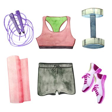 Beyaz arka planda izole edilmiş spor eğitimleri için elementlerle suluboya seti. Tozlu pembe konu, gri şort, mor spor ayakkabı, pembe yoga minderi, mor atlama ipi, dambıl..