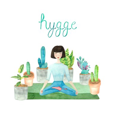 Evde meditasyon yapan bir kızla suluboya resimleme. Kaktüsün etrafında nilüfer çiçeği pozisyonunda kahverengi saçlı bir kadınla şirin bir klipsli sanat eseri. Evdeki rahat sporlar.