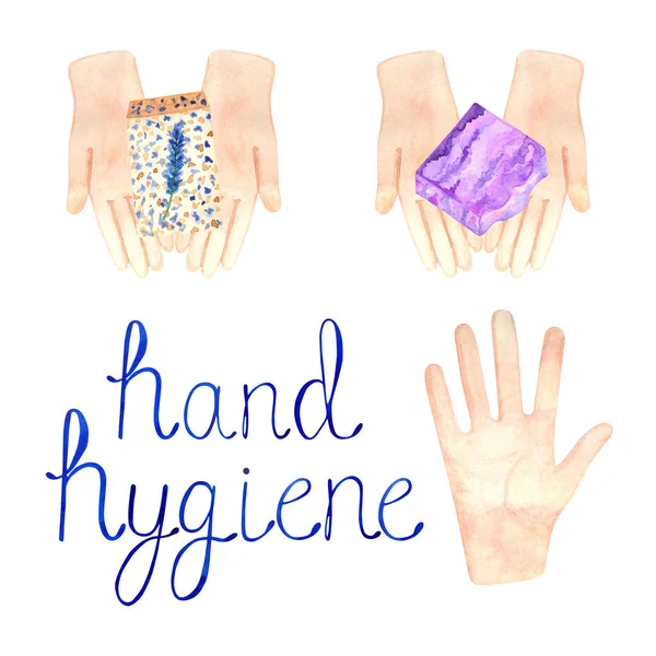 Zestaw Akwareli Napisem Higieny Rąk Mydło Dłoniach Dłoniach Izolowane Białym — Zdjęcie stockowe