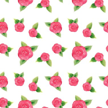 Beyaz arka planda pembe güller olan kusursuz suluboya deseni. Kumaşlar, yapıştırma kitapları, duvar kağıtları, ambalaj kağıtları için uygun çiçekleri olan hoş bir klasik baskı..