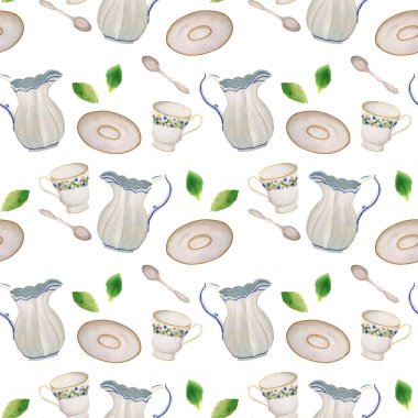 Porselen tabaklar ve beyaz arka planda nane yapraklarıyla el boyası, pürüzsüz bir desen. Çay, kahve, çay fincanı, çay tabağı ve süt sürahisi için hoş bir klasik baskı..