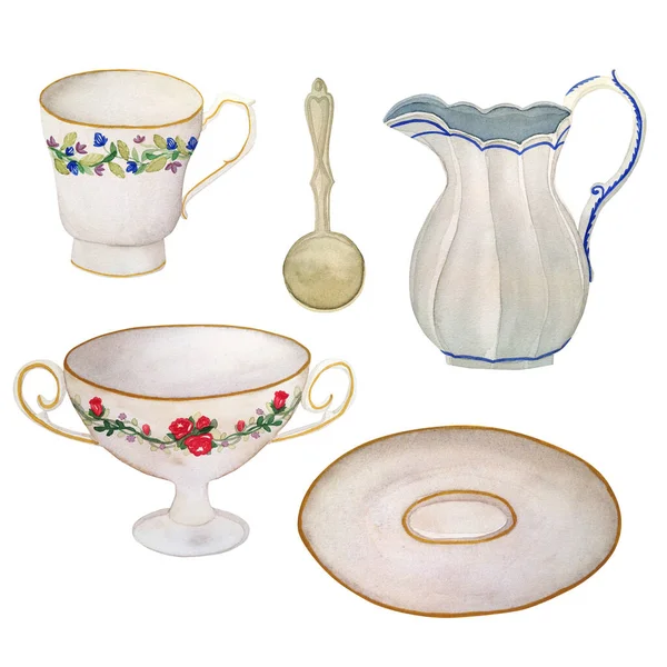 一套用水彩画的老式盘子 一个盛果酱 牛奶壶 茶托和一杯复古风格的杯子 背景为白色 — 图库照片