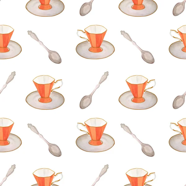 简单无缝的图案 茶托上有咖啡杯 白色背景上有勺子 用橙色复古水彩画杯的可爱字体 — 图库照片