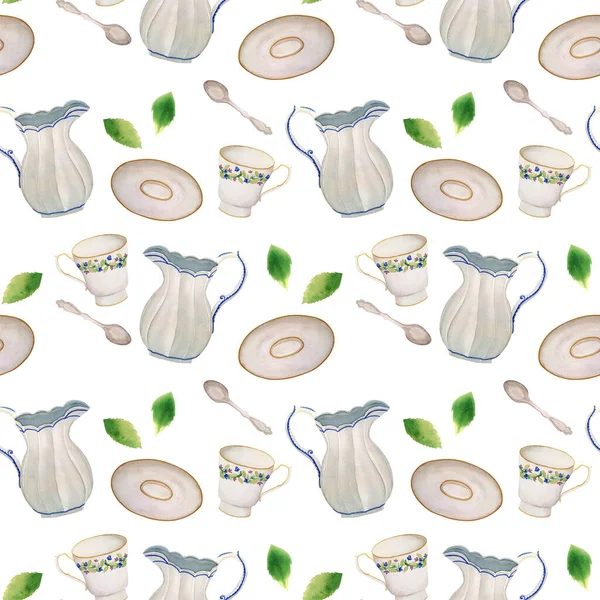 Hand painted watercolor seamless pattern with porcelain dishes and mint leaves on a white background. Cute vintage print with cups for tea or coffee, saucers and milk jug.