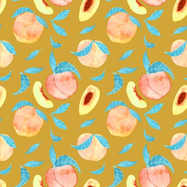 Sekizli arka planda şeftali rengi olan dikişsiz suluboya deseni. Renkli arka planda meyveli yaz baskısı.