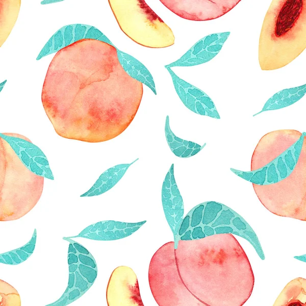 Watercolor seamless pattern with large peaches on a white background. Print with peaches with leaves and slices of peach.