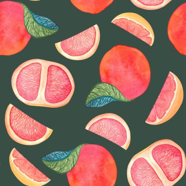 Elle çizilmiş greyfurt yarımları, koyu yeşil arka planda bütün ve dilimler halinde narenciye deseni. Duvar kağıdı, kumaş ve ambalaj kağıdı için sitrusları olan tropik baskılar.