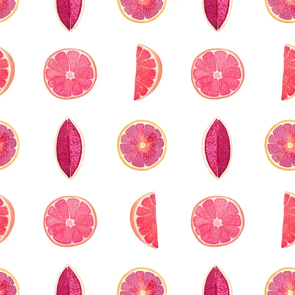 Hand drawn watercolor simple pattern with pink grapefruits on a white background. Print with semetrically arranged halves, quarters and slices of grapefruit or red orange.