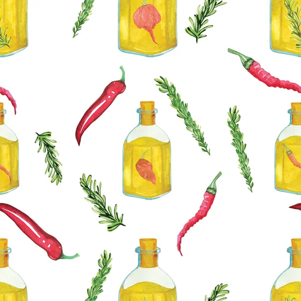 Watercolor seamless pattern with spiced oil on a white background. Hot pepper oil, chili pepper and rosemary on a print for a culinary theme.