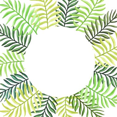 Beyaz arka planda palmiye yaprakları olan suluboya çerçeve. Kayıt için yeri olan tropikal çerçeve.