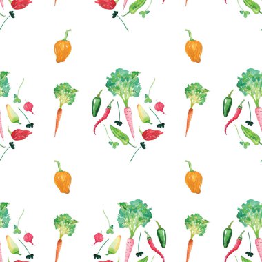 Beyaz arka planda sebzeli dikişsiz suluboya baskı. Yeşillikleri, renkli havuçları, habanerosu, Scorpio Trinidad 'ı olan şirin bir iz..