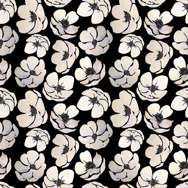 Watercolor seamless pattern with white animons on a black background. Simple black and white print with flowers.