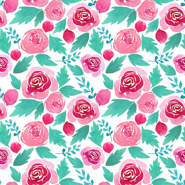 Watercolor seamless pattern with simple pink roses and mint greens on a white background. Print with dark pink flowers painted in free technique.