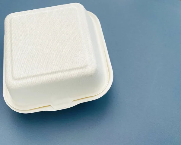Foam burger box with no label in front of background.