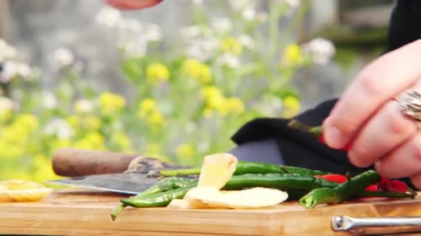 Life View Hand Knife Wooden Cutting Board Obklopen Čerstvými Bylinkami — Stock video